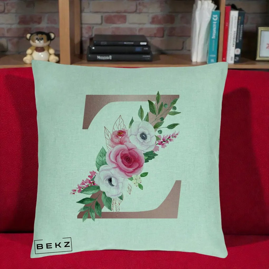 Cadou Personalizat - Perna Personalizata Monograma Rose Gold Litera Z, 40x40 cm, Verde Menta, Husa Detasabila, Perna Inclusa, BEKZ®
