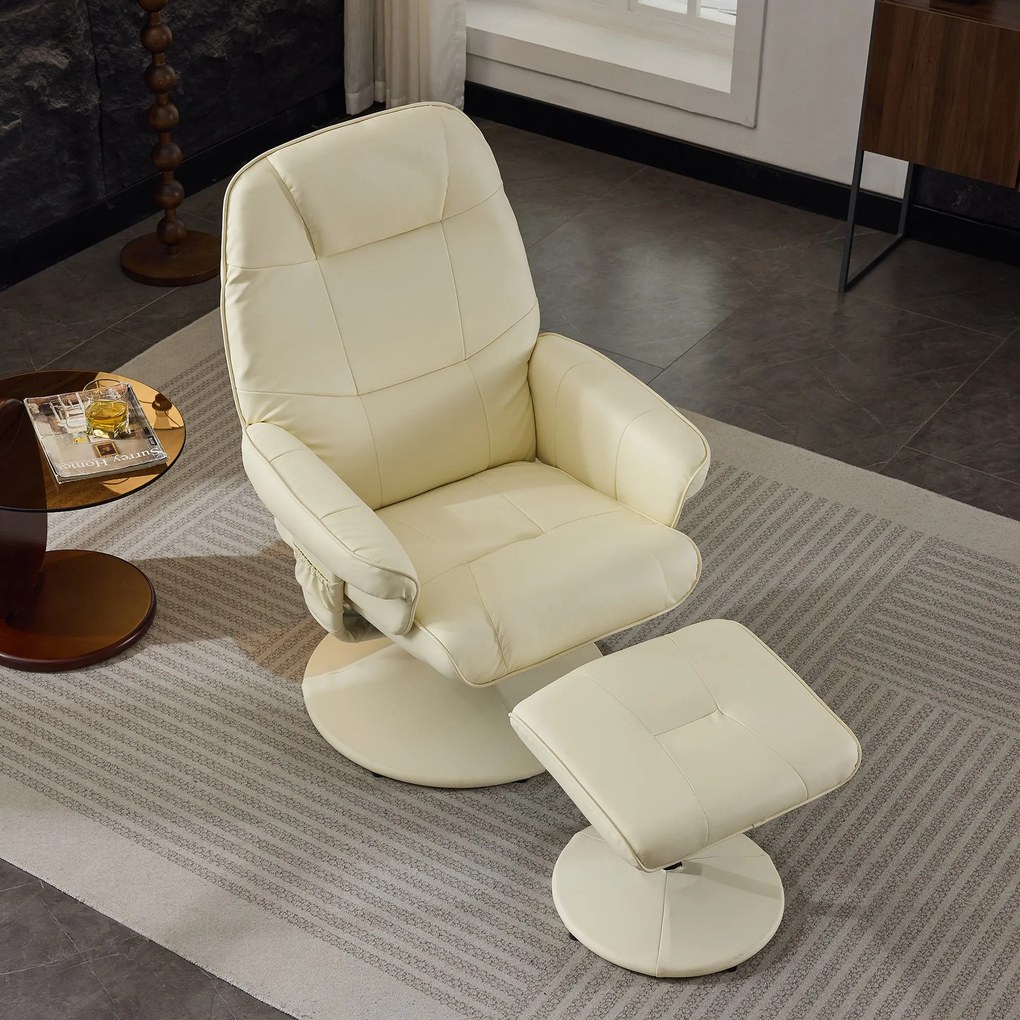 Fotoliu de masaj cu funcție de înclinare, fotoliu de relaxare din material PU, rotație de 360°, încălzire & taburet, 75x79,5x107 cm, Bej