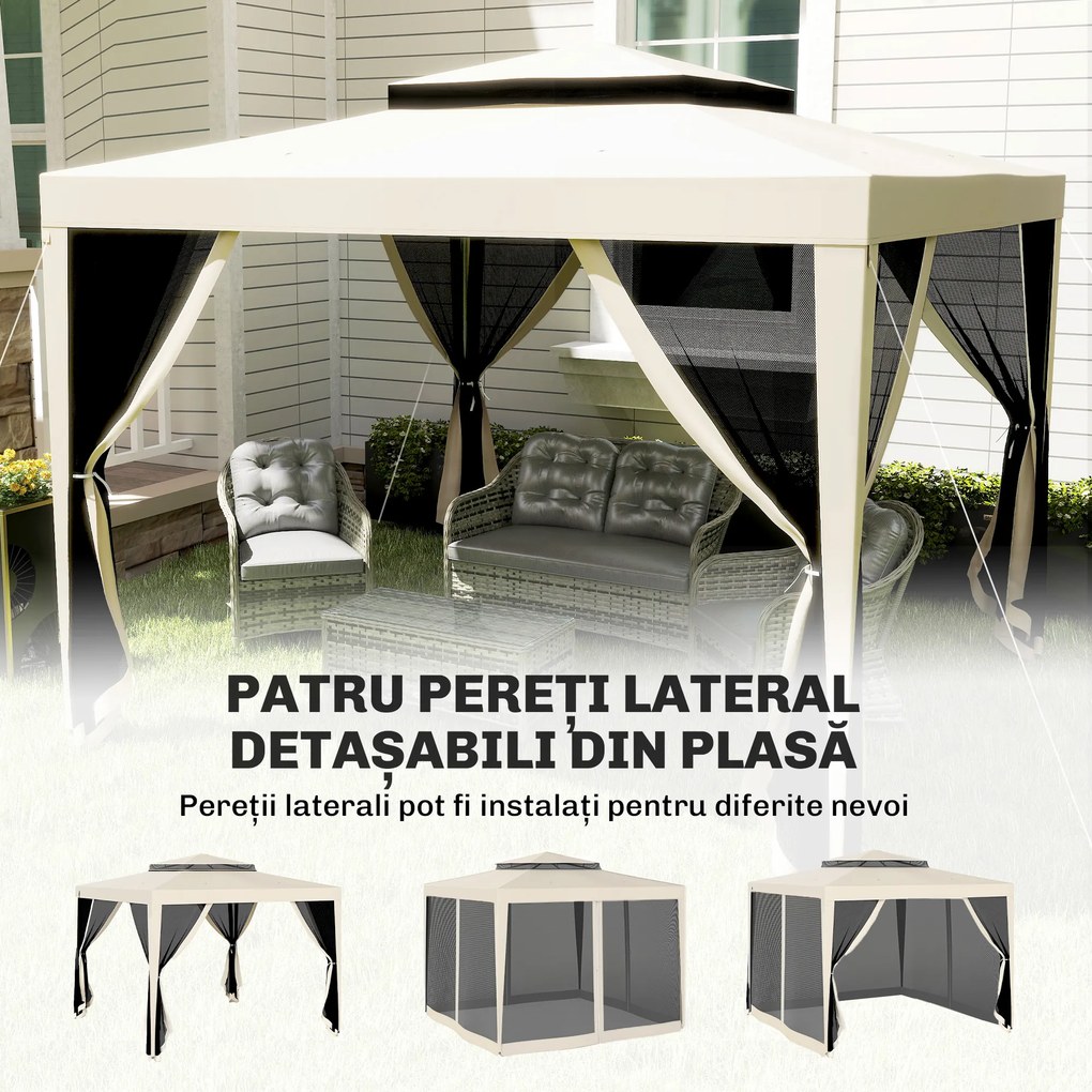 Outsunny Foisor de Gradina cu Plasa de Tantari, Foisor 3x3 m cu Acoperis Dublu si Cadru din Metal, Bej