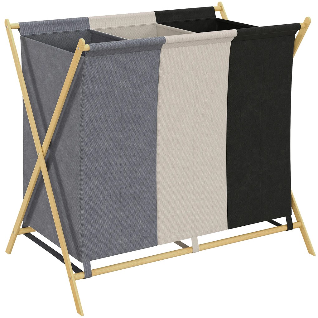 HOMCOM Coș de rufe pliabil 129L cu 3 compartimente și cadru X pentru dormitor, baie sau utilități. | Aosom Romania