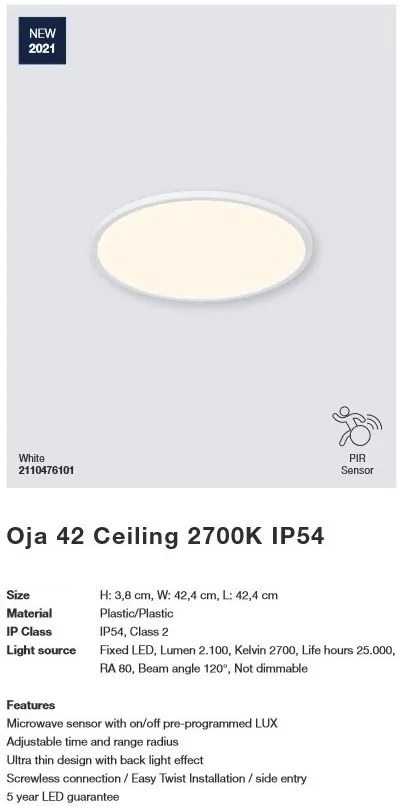 Plafoniera LED pentru iluminat exterior, senzor de miscare cu microunde, design silm Oja 42 alb 2700K 2110476101 NL