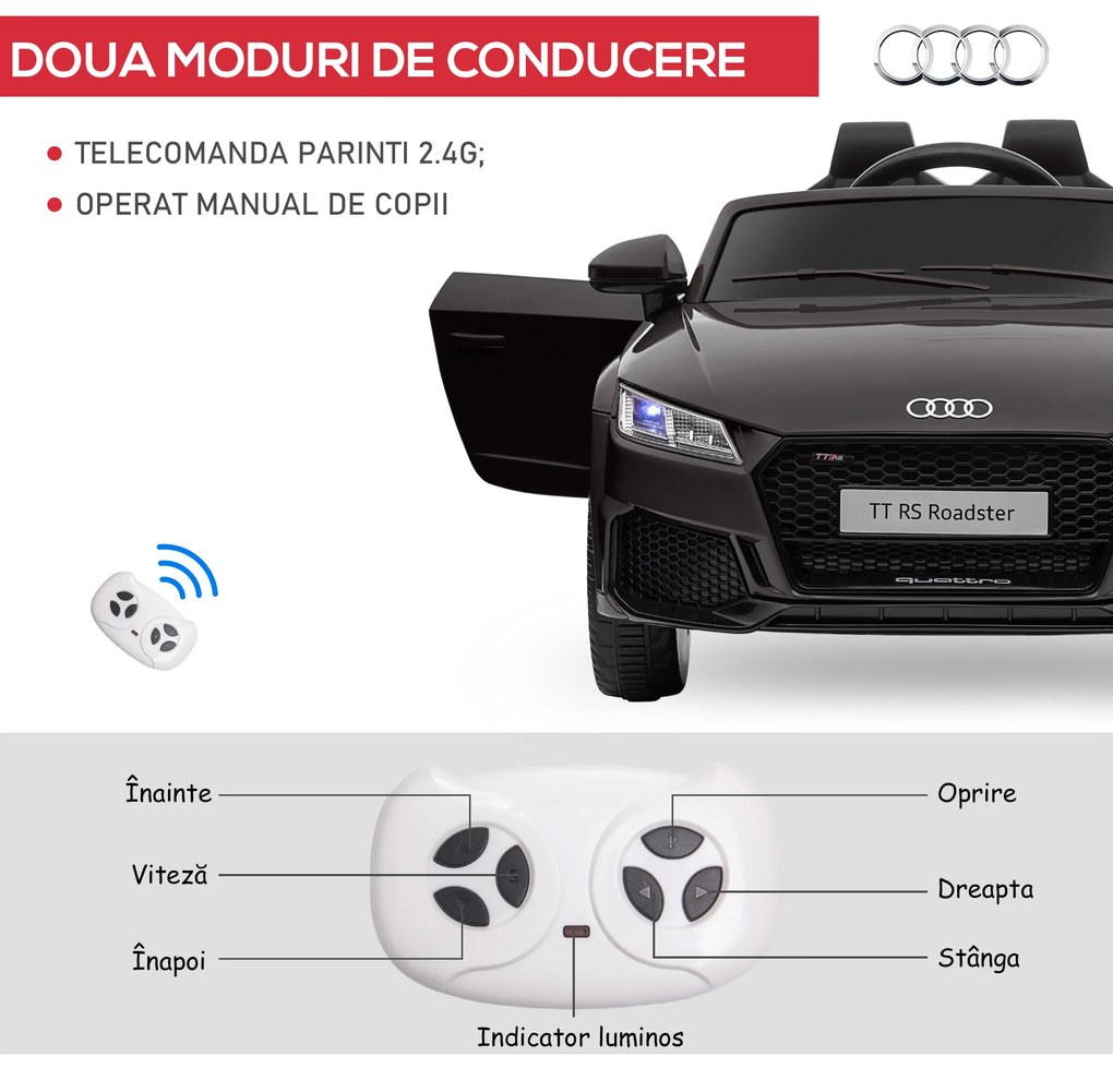 HOMCOM Masina Electrica pentru Copii AUDI TT, Auto Electrica pentru Copii 3-5 Ani cu Telecomanda, USB, Portiere care se deschid si Faruri LED, Negru