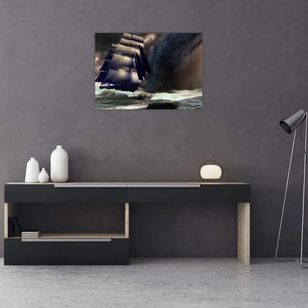 Tablou pe sticlă - Navă printre recife (70x50 cm)