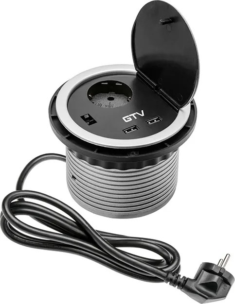 Priză încorporabilă în blat GTV, 1 priză Schuko, 2 porturi USB, argintiu, D:115 mm D:115 mm; H:90 mm, Argintiu, Metal/Plastic