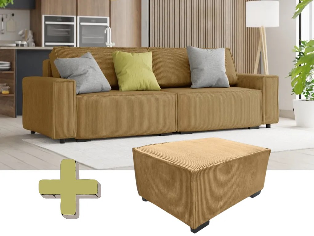 Canapea extensibila cu trei locuri cu taburet SMART SET, mustar
