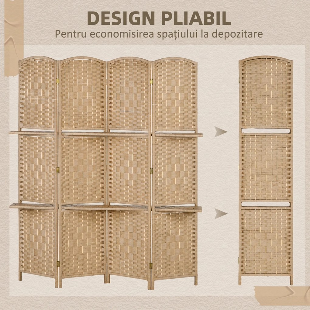 HOMCOM Paravan Interior Pliabil cu 4 Panouri și Rafturi, 160x1,6x170 cm, Natural | Aosom Romania