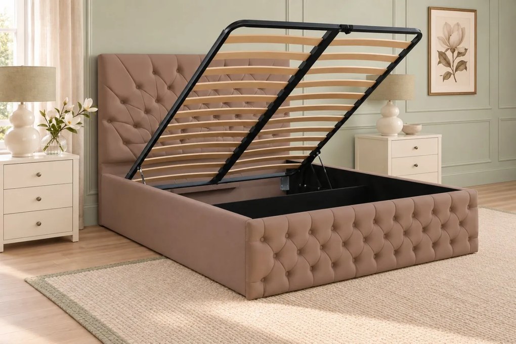 Pat tapițat Chesterfield din catifea Venezia 180×200 cm, cappuccino, cu ladă de depozitare