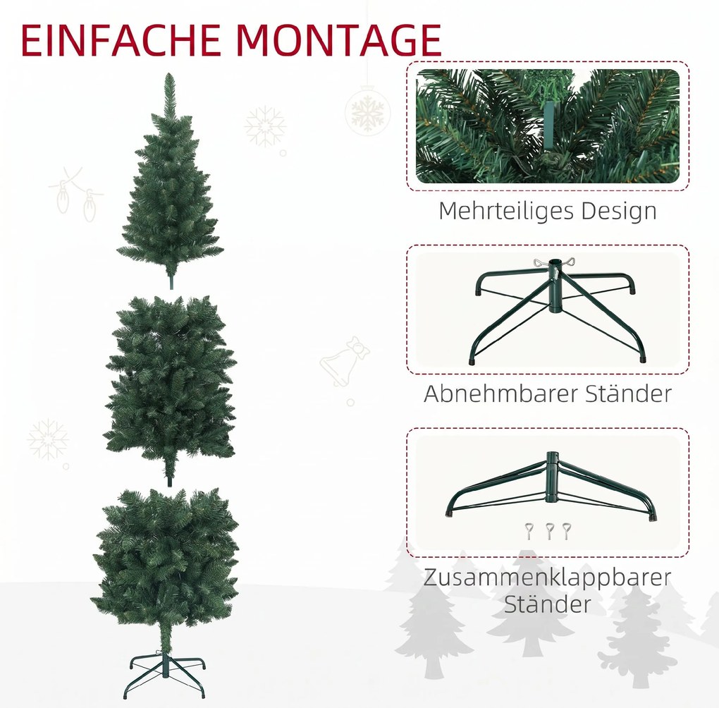 HOMCOM Brad Artificial de Crăciun cu 479 Ramuri, Brad de Crăciun Înalt și Îngust cu Bază Pliabilă, Ø65x180 cm, Verde | Aosom Romania