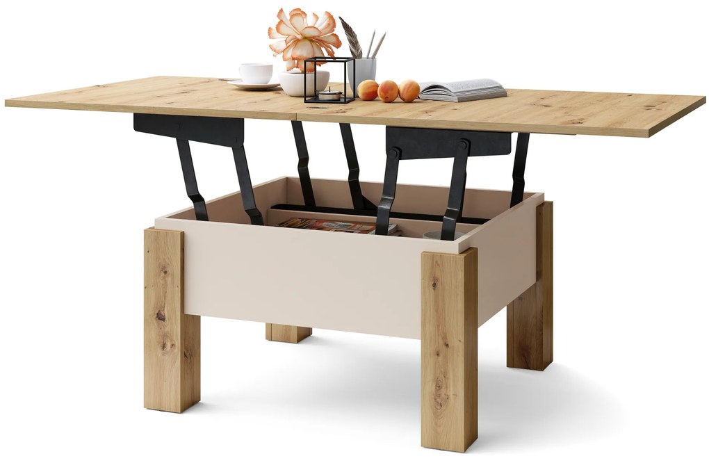 Mazzoni OSLO Stejar Artisan/Bej (Șampanie) - MĂSUȚĂ EXTENSIBILĂ CU RIDICAREA BLATULUI MĂSUȚĂ DE CAFEA