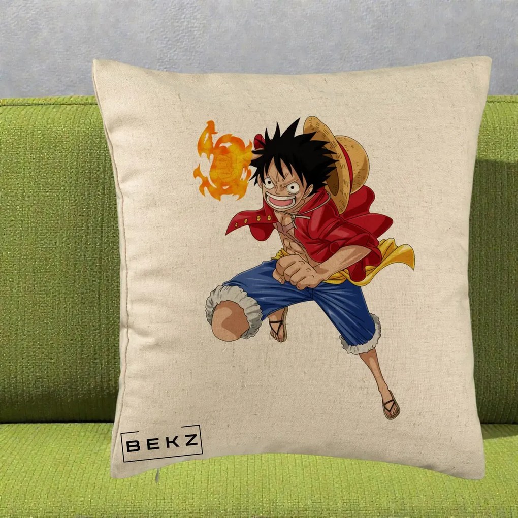 Perna Personalizata One Piece Luffy Gear Second Foc, 40x40 cm, Bej, Husa Detasabila, Perna Inclusa, BEKZ®