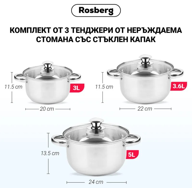 Set oale Rosberg R51210O6, 6 piese, 3-5 L, Capac din stica, Inox