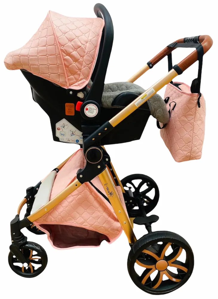 Carucior 3 in 1 cu landou, scoica si geanta, 0-36 luni, Roz - CPC-11-roz