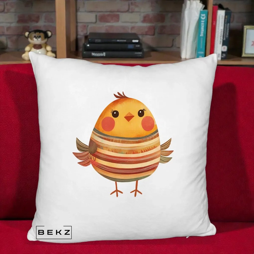 Perna Decorativa Pui Kawaii Portocaliu Dungi Calde, 40x40 cm, Alb Pufos, Husa Detasabila, Perna Inclusa, BEKZ®