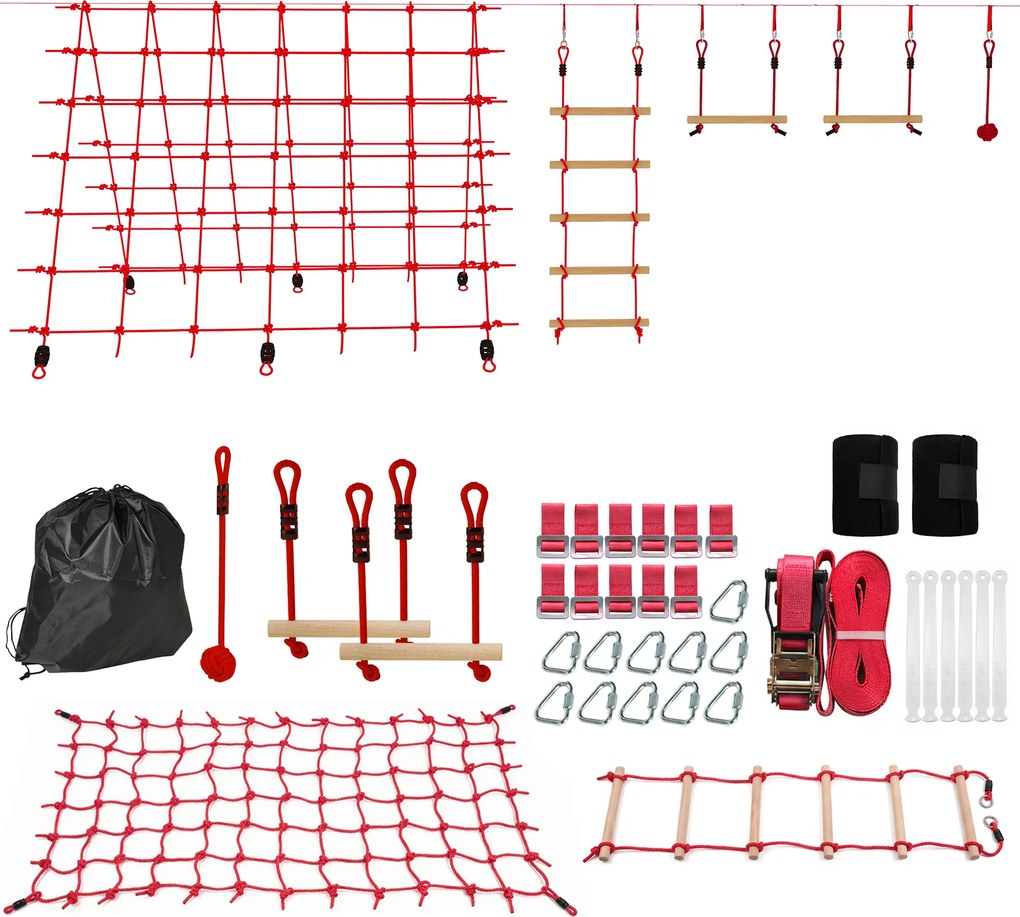 AIYAPLAY Ninja Line Set Slackline pentru copii 10 m cu inele, leagăn, scară de cățărat și plasă de cățărat pentru 3-6 ani 1000x300x180 cm Roșu | Aosom Romania