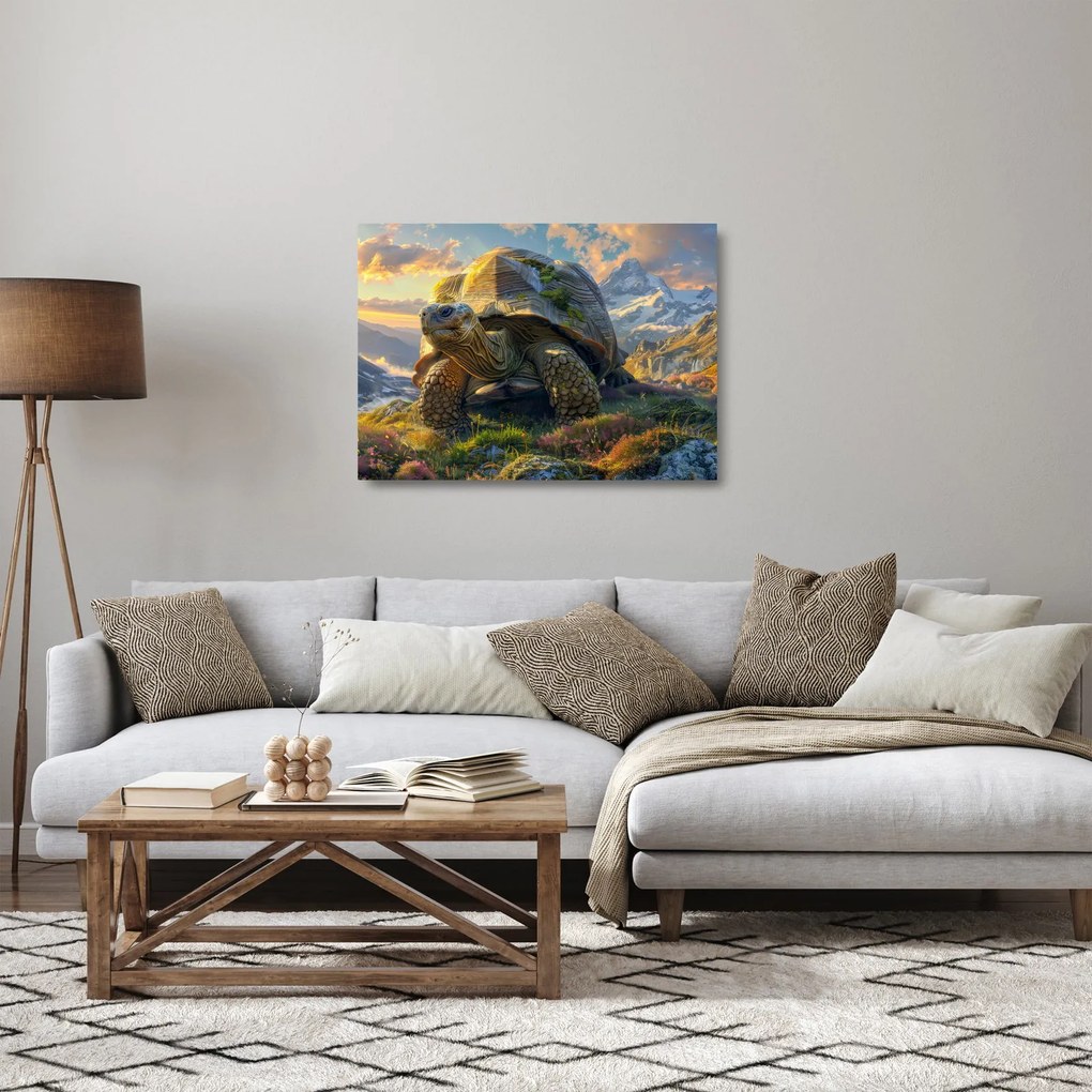 Tablou pe sticlă - Țestoasă și peisaj montan (70x50 cm)