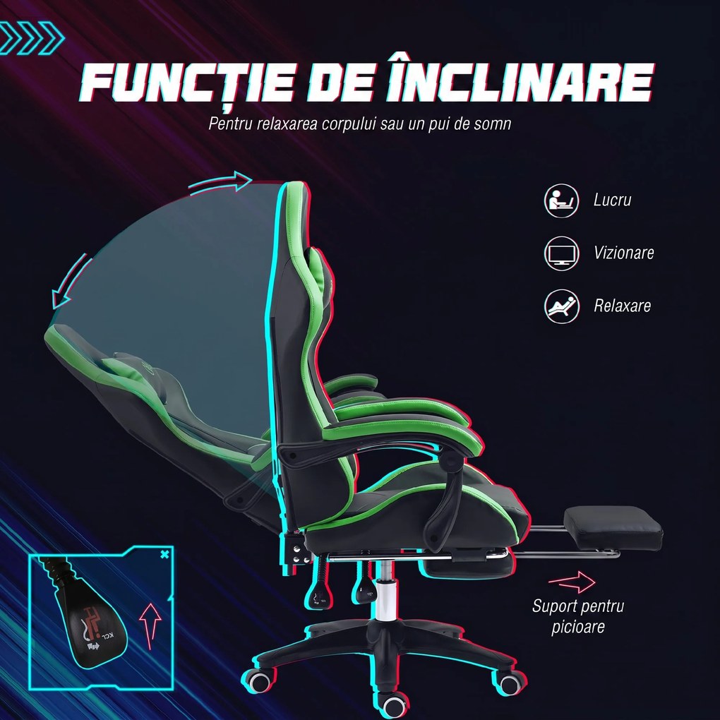 Vinsetto Scaun Gaming cu Înălțime Reglabilă, Scaun Gaming Ergonomic cu Spătar Rabatabil, 65x65x121-129 cm, Negru | Aosom Romania