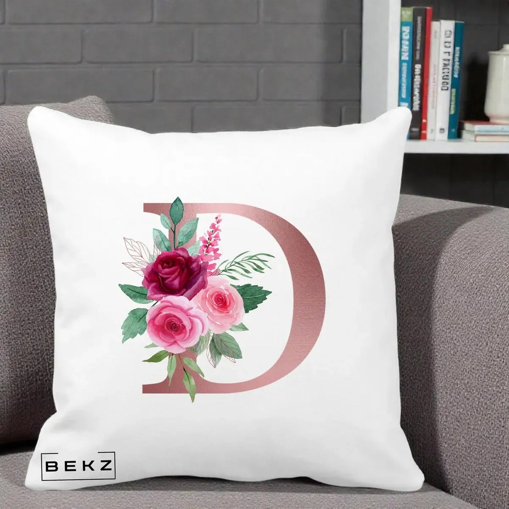 Cadou Personalizat - Perna Personalizata Monograma Rose Gold Litera D, 40x40 cm, Alba Mata, Husa Detasabila, Perna Inclusa, BEKZ®
