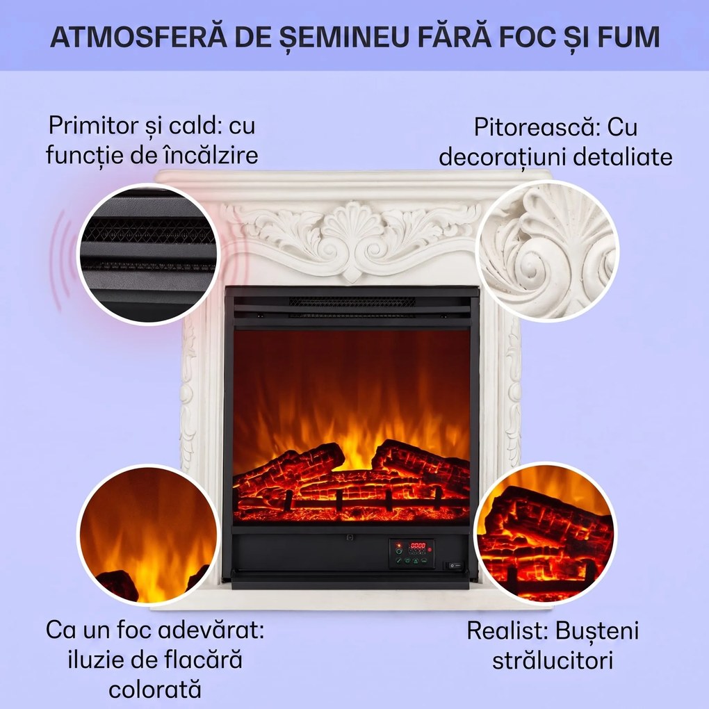 Klarstein Etna Pozzolana, șemineu electric, 1800 W, cronometru săptămânal, telecomandă, alb