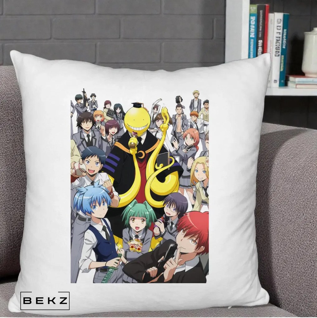 Perna Personalizata Assassination Classroom Grup Complet Anime, 40x40 cm, Alb Pufos, Husa Detasabila, Perna Inclusa, BEKZ®