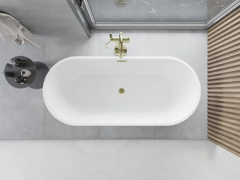 Mexen Yara cadă de baie freestanding canelată 170 x 75 cm, albă, preaplin auriu periat - 52861707500-55