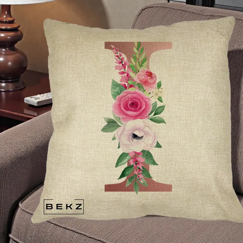 Cadou Personalizat - Perna Personalizata Monograma Rose Gold Litera I, 40x40 cm, Crem, Husa Detasabila, Perna Inclusa, BEKZ®