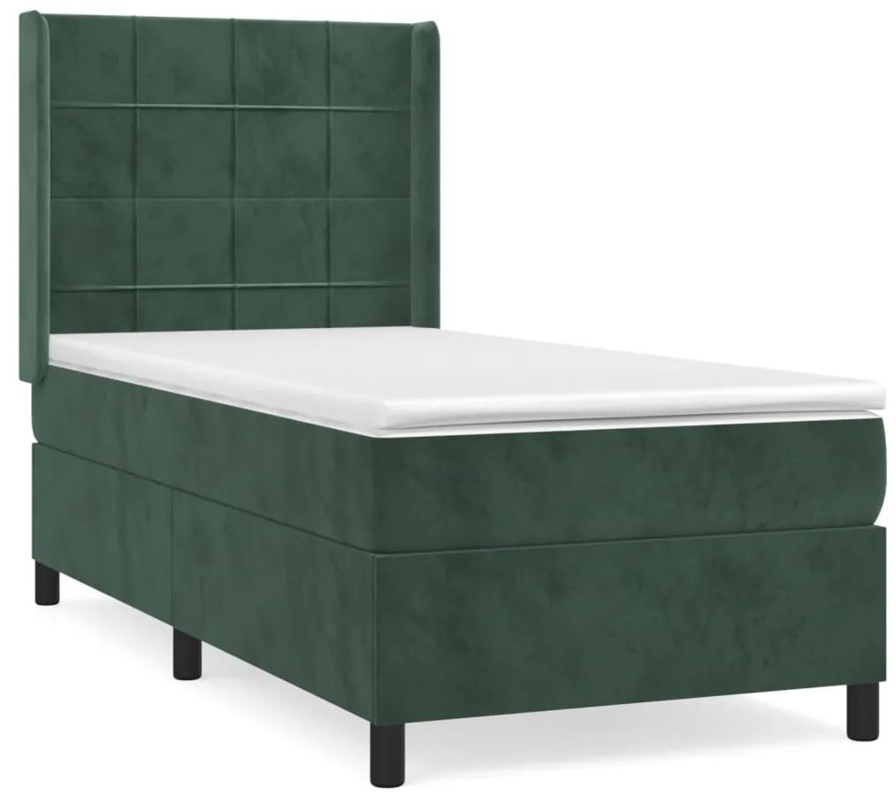 Pat box spring cu saltea, verde inchis, 90x190 cm, catifea Verde inchis, 90 x 190 cm, Cu blocuri patrate