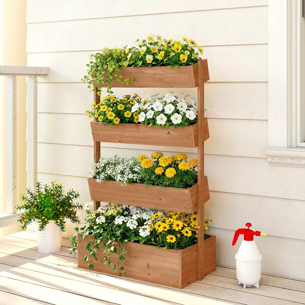 Outsunny Jardinieră Verticală înălțată pe 4 Niveluri, din Lemn pentru Exterior, cu Orificii de Drenaj și Căptușeală Textilă, pentru Plante Aromatice, Flori și Legume, 85x45x140 cm, Maro | Aosom Romania