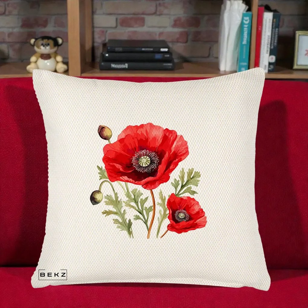 Perna Decorativa Maci Rosii Acuarela, 40x40 cm, Crem Reliefat, Husa Detasabila, Perna Inclusa, BEKZ®