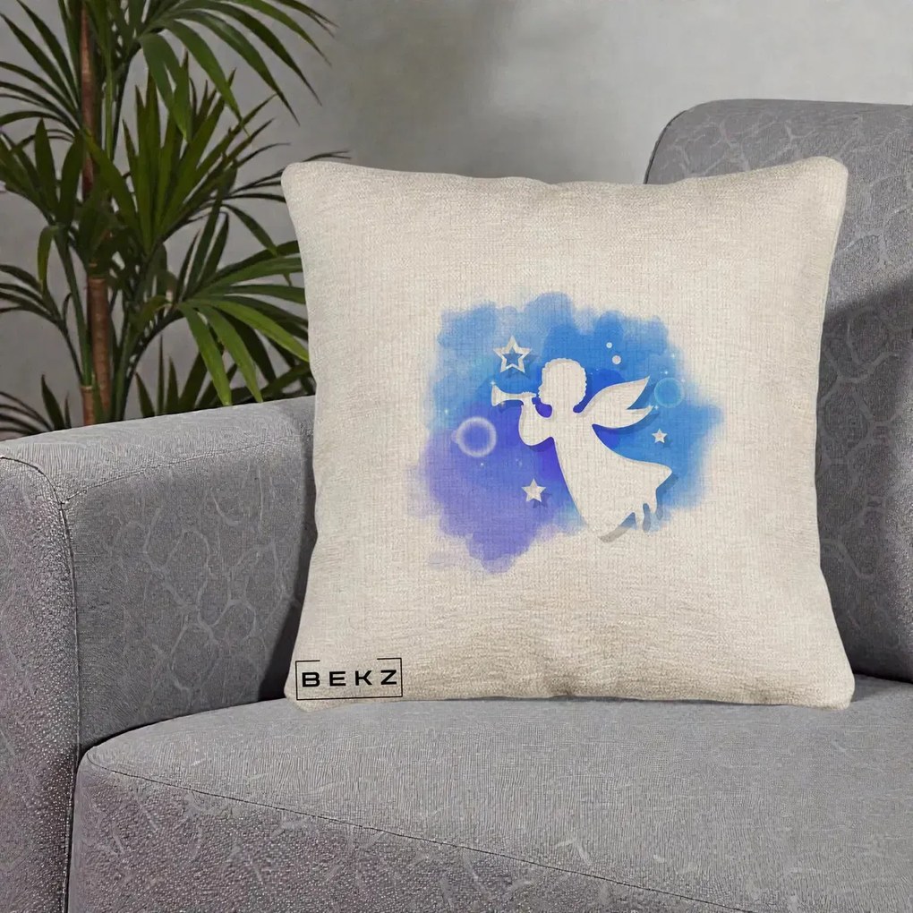 Perna Decorativa Inger cu Trompeta Albastru, 40x40 cm, Bej Canapea, Husa Detasabila, Perna Inclusa, BEKZ®