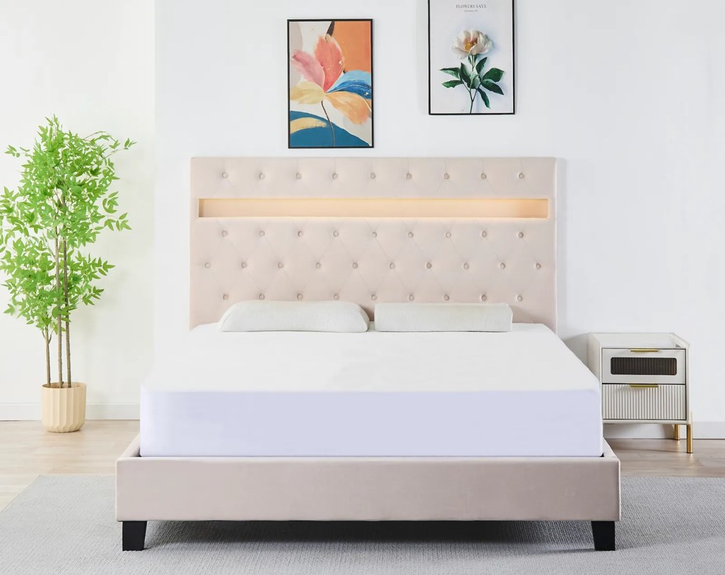 Pat Tapitat Catifea cu Iluminare LED, Somiera si Saltea Inclusa ,   Bej 160x200 cm   Cod FB-18