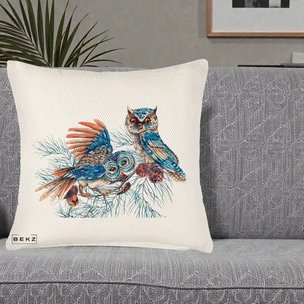 Perna Decorativa Bufnite de Iarna Albastre, 40x40 cm, Crem Reliefat, Husa Detasabila, Perna Inclusa, BEKZ®