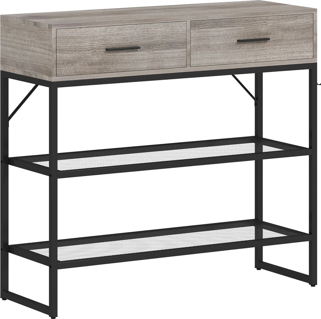 HOMCOM Console Table with 2 Drawers and 2 Mesh Shelves, Hallway Table with Metal Frame for Living Room, Entryway, Light Grey Wood Effect | Aosom Romania