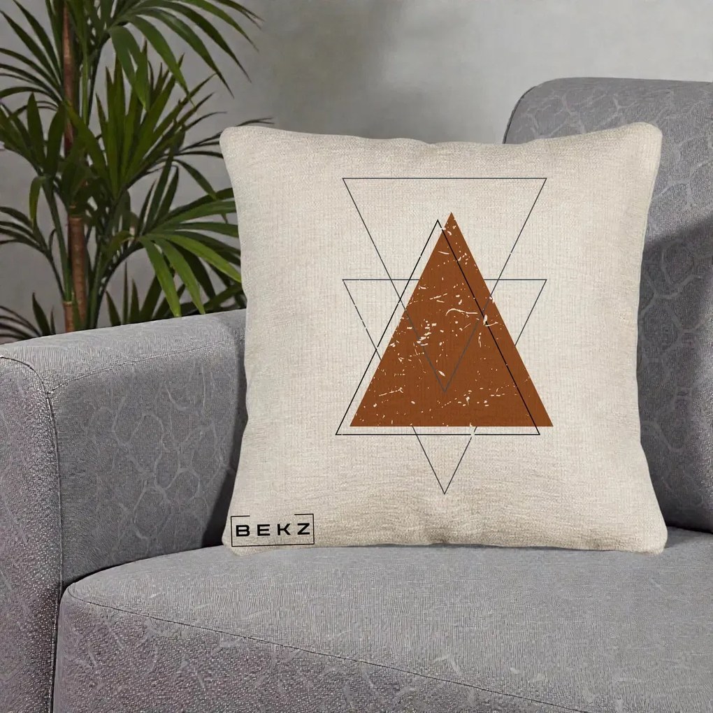 Perna Decorativa Geometric Triunghiuri Sacred, 40x40 cm, Bej Canapea, Husa Detasabila, Perna Inclusa, BEKZ®