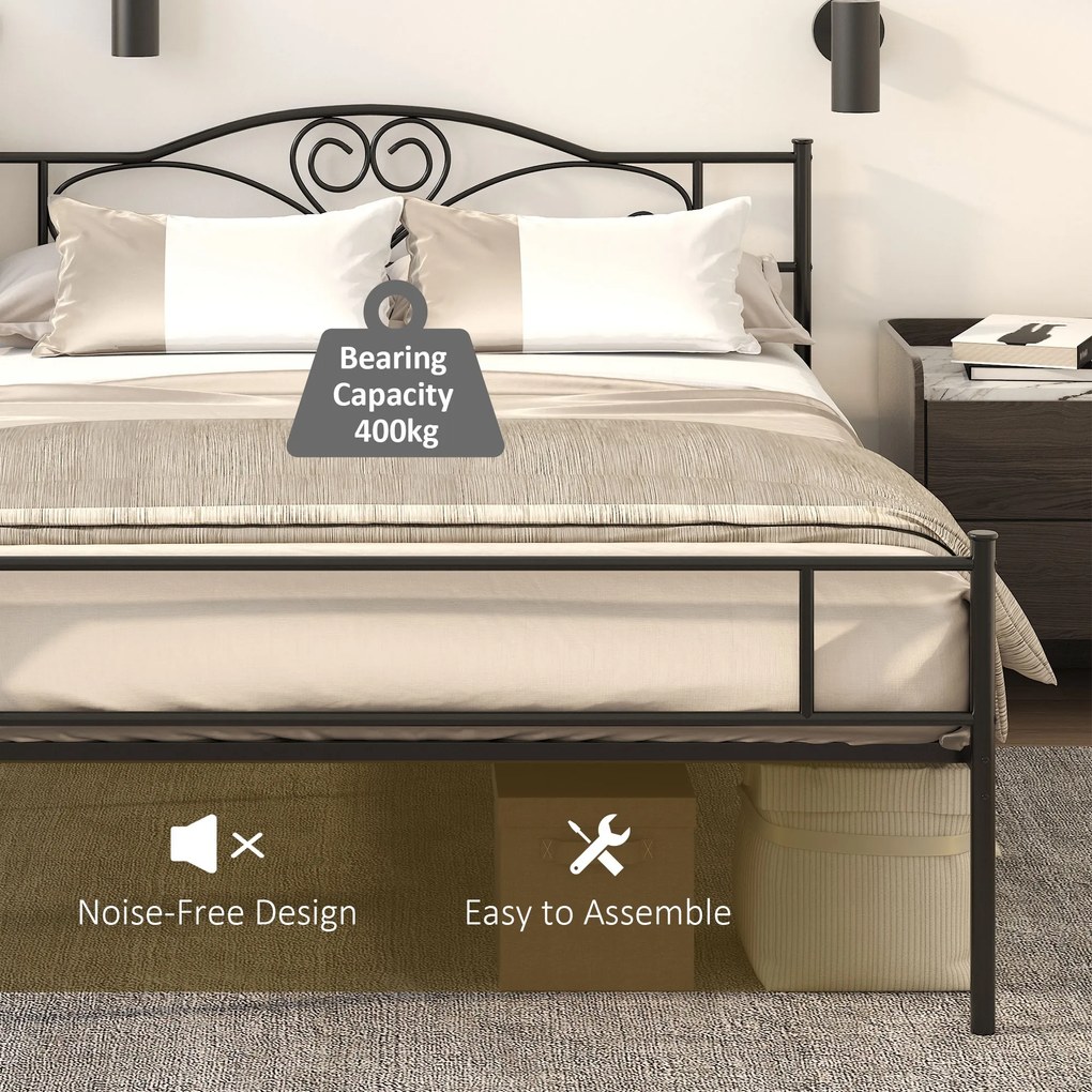 HOMCOM Cadru Pat de o Persoana, mai mare din Otel 140x200cm, Sipci Integrate si Tablie cap, Spatiu Inferior pentru Cutii, Negru | Aosom Romania