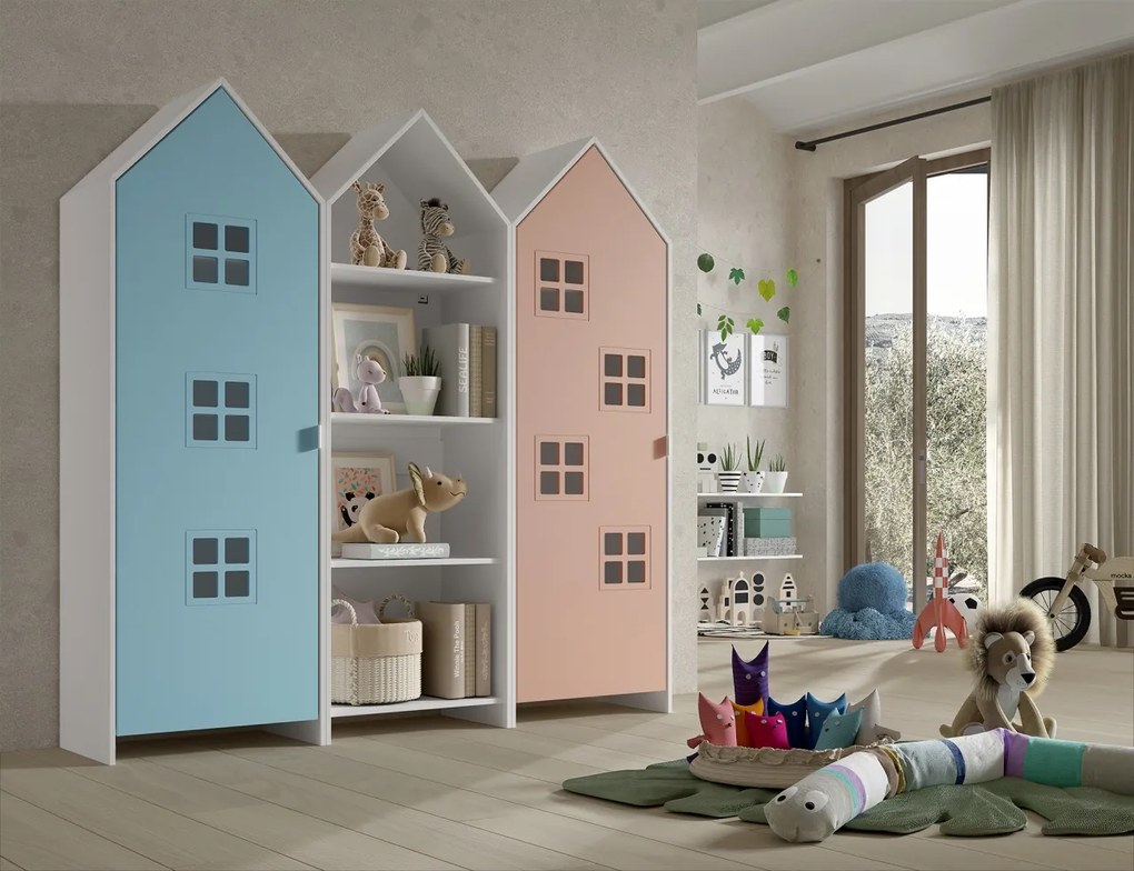 Set 3 dulapuri pentru copii Casami tip colibă de plajă – 1 deschis, 1 cu ușă Roz și 1 cu ușă Albastru – Vipack