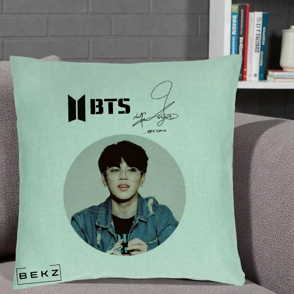 Perna Personalizata K-pop BTS Jimin Portret Cerc Autograf Geaca, 40x40 cm, Verde Menta, Husa Detasabila, Perna Inclusa, BEKZ®