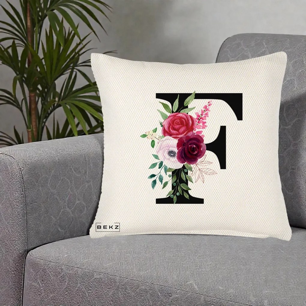 Cadou Personalizat - Perna Personalizata Monograma Florala Litera F, 40x40 cm, Crem Reliefat, Husa Detasabila, Perna Inclusa, BEKZ®