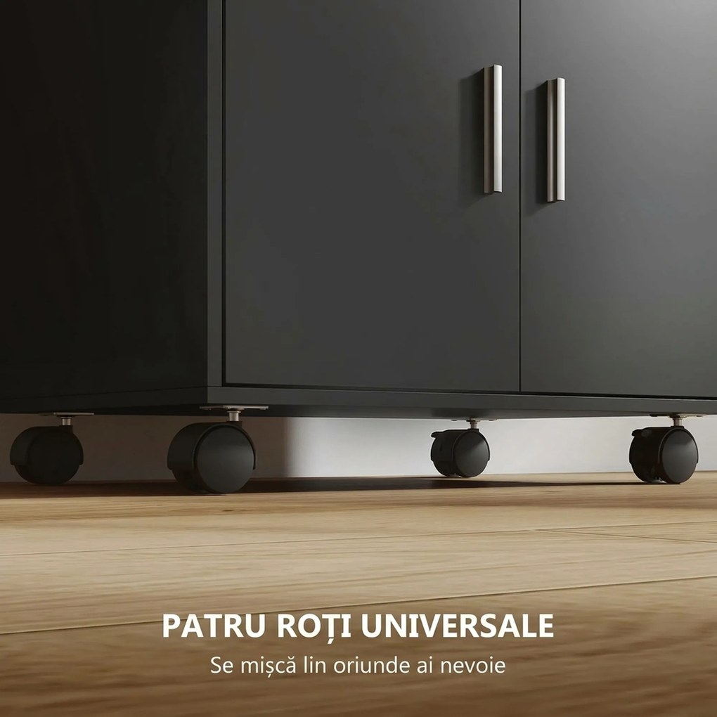 HOMCOM Dulap pentru Cuptorul cu Microunde cu Roți, Bufet de Bucătărie cu Sertar, Blat pentru Aparate, Dulap cu 2 Uși, Raft Retractabil și Raft Deschis, Cărucior de Bucătărie pentru Sufragerie, 59x40x92cm, Negru | Aosom Romania