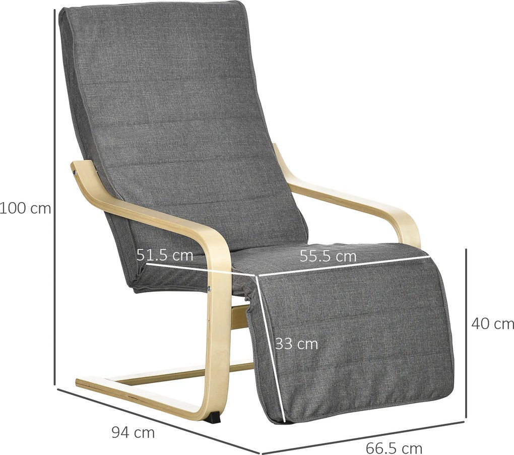 HOMCOM Fotoliu Relax cu Suport picioare pe 5 Niveluri si Tetiera, Fotoliu Ergonomic din Lemn de Mesteacan si Tesut, Gri