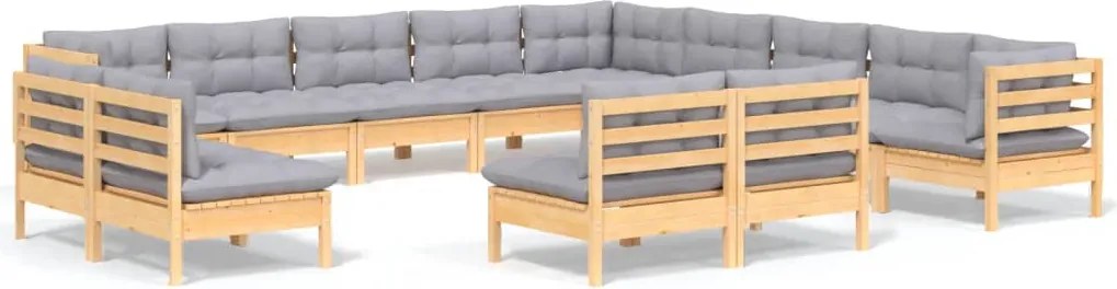 vidaXL Set mobilier grădină cu perne, 13 piese, gri, lemn masiv pin