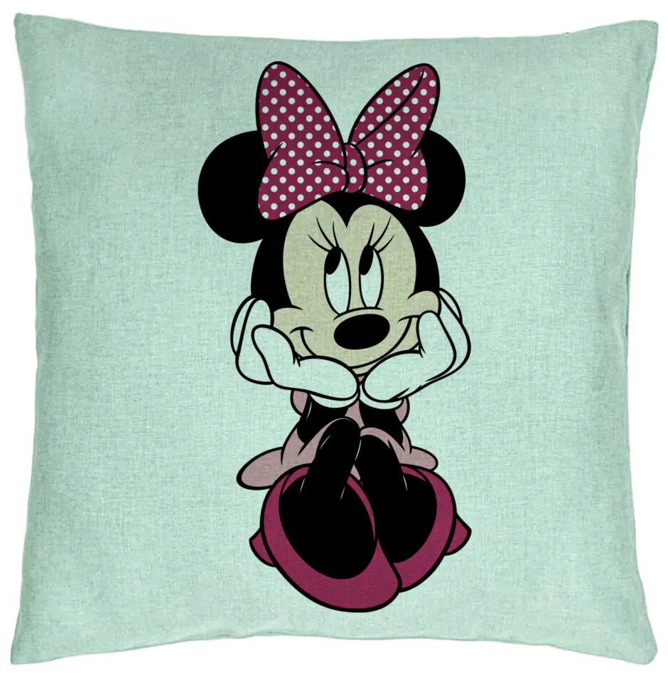 Perna Decorativa, Model copii Minnie Mouse, 40x40 cm, Verde Menta, Husa Detasabila, Burduf