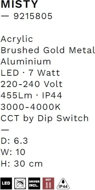 Aplica de perete LED baie IP44 MISTY aurie
