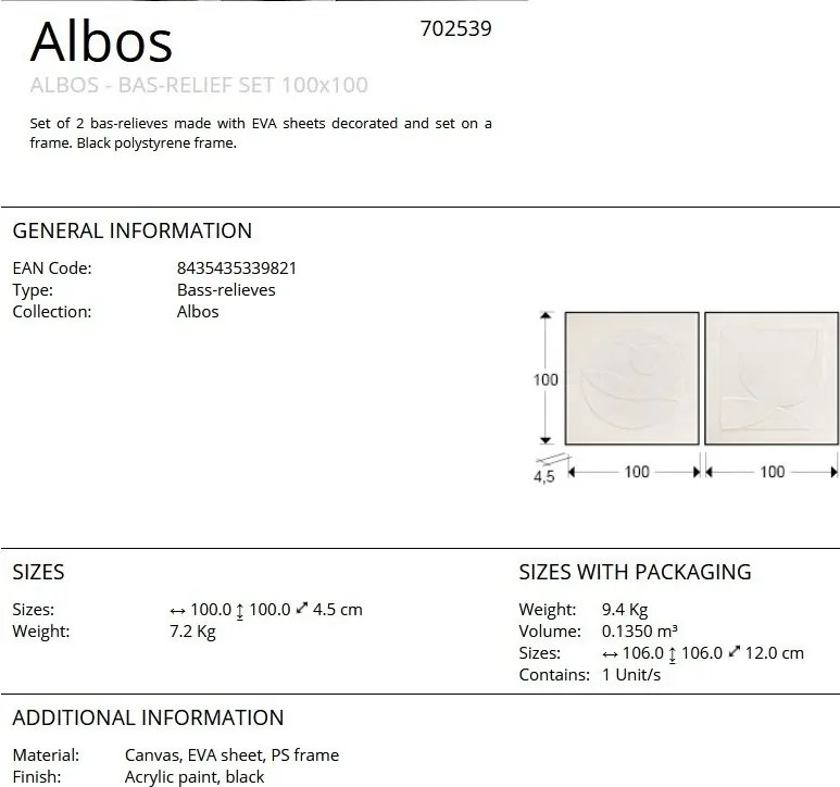 Set de 2 tablouri / Basorelief decoratiune perete Albos 100x100cm