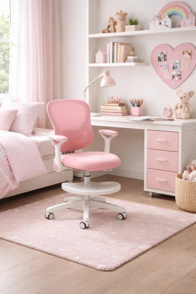 JUNOVA AERIS – Scaun ergonomic pentru copii, cu suport lombar, spătar ergonomic mesh, reglaj pe înălțime, șezut din spumă, și suport pentru picioare, Roz