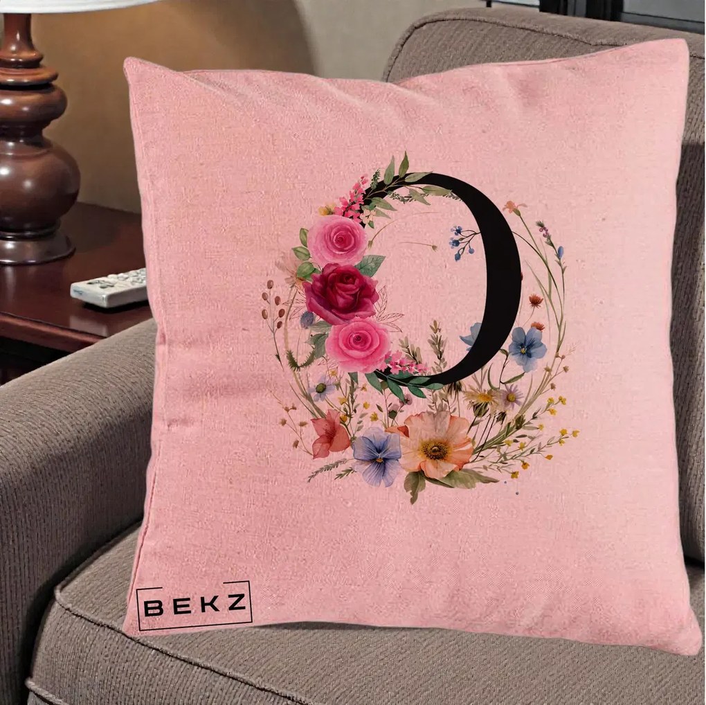 Cadou Personalizat - Perna Personalizata Monogram Litera O cu Flori Acuarela, 40x40 cm, Roz, Husa Detasabila, Perna Inclusa, BEKZ®