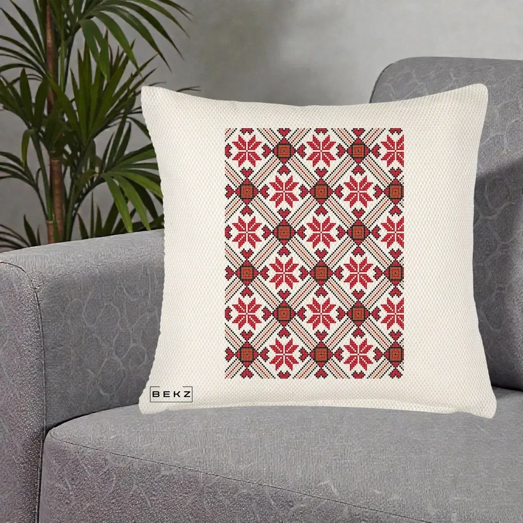 Perna Personalizata Motiv Traditional Ie Romaneasca Rosu, 40x40 cm, Crem Reliefat, Husa Detasabila, Perna Inclusa, BEKZ®