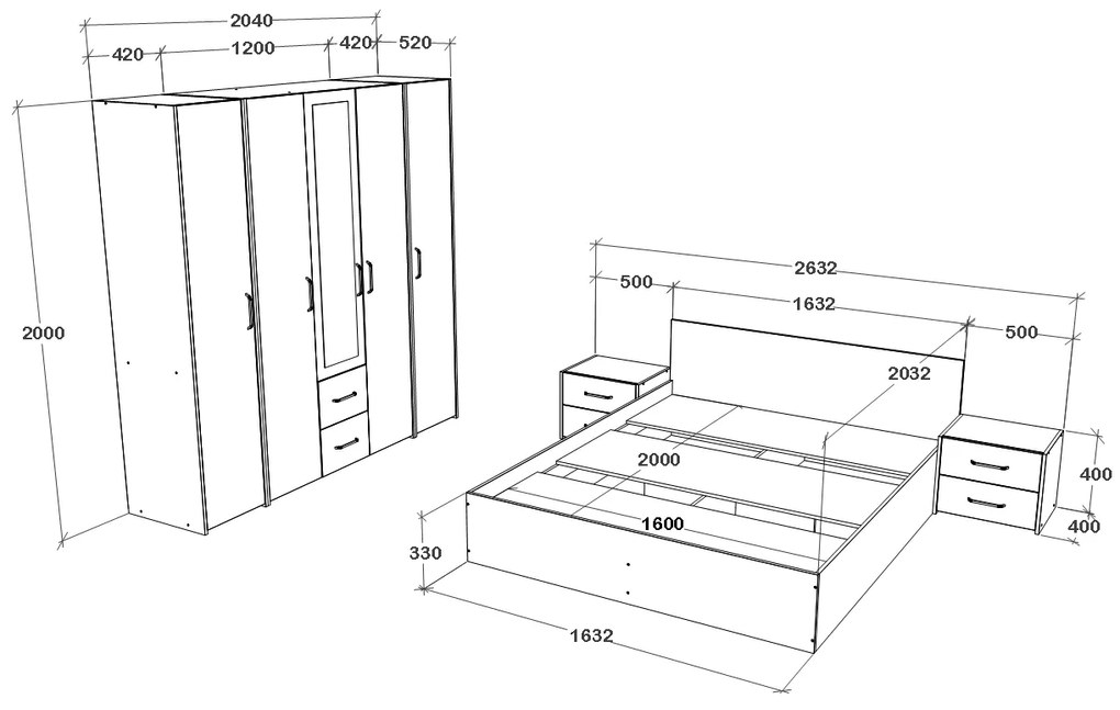 Set haaus V10, Pat 200 x 160 cm, Stejar Artisan/Argila