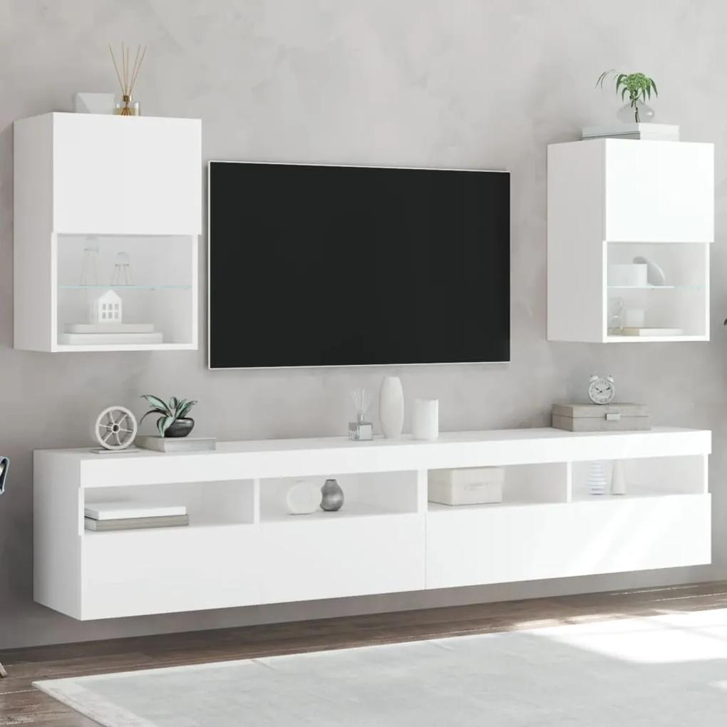 Comode TV cu lumini LED, 2 buc., alb, 40,5x30x60 cm
