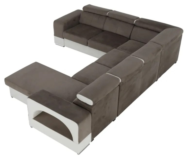 colţar în formă de U, piele ecologică albă/material textil maro, model dreapta, KAMELIA