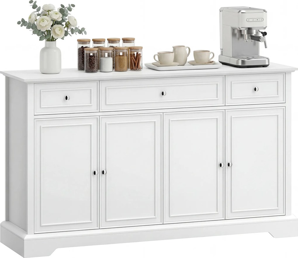 HOMCOM Bufet de living, mobilier de depozitare cu 3 sertare, 4 uși cu închidere silențioasă și etajere reglabile, alb | Aosom Romania